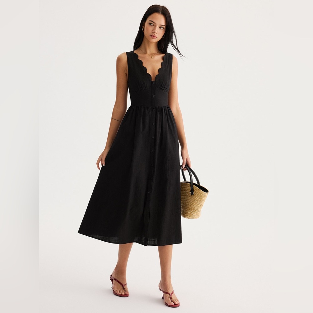 Commense Black Scallop-Edge Midi Dress